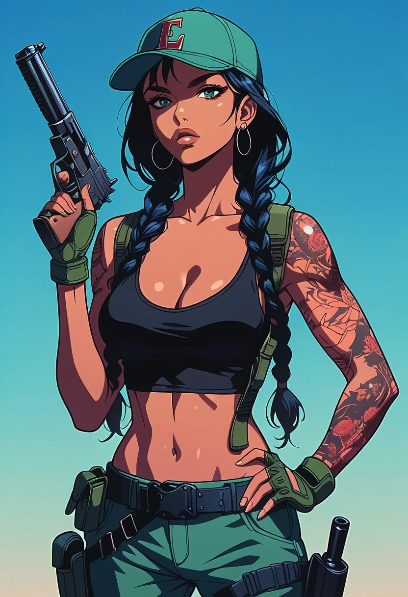 score_9, score_8_up, score_7_up, score_6_up,1girl, solo, weapon, gun, gloves, earrings, holding_weapon, tattoo, breasts, jewelry, holding, fingerless_gloves, hat, braid, holding_gun, navel, twin_braids, belt, black_hair, hoop_earrings, midriff, cleavage, tank_top, crop_top, looking_at_viewer, medium_breasts, green_gloves, baseball_cap, pants, arm_tattoo, handgun, trigger_discipline, lips, shoulder_tattoo, holster, long_hair, dark_skin, collarbone, thick_eyebrows, GLSHS, NEOST