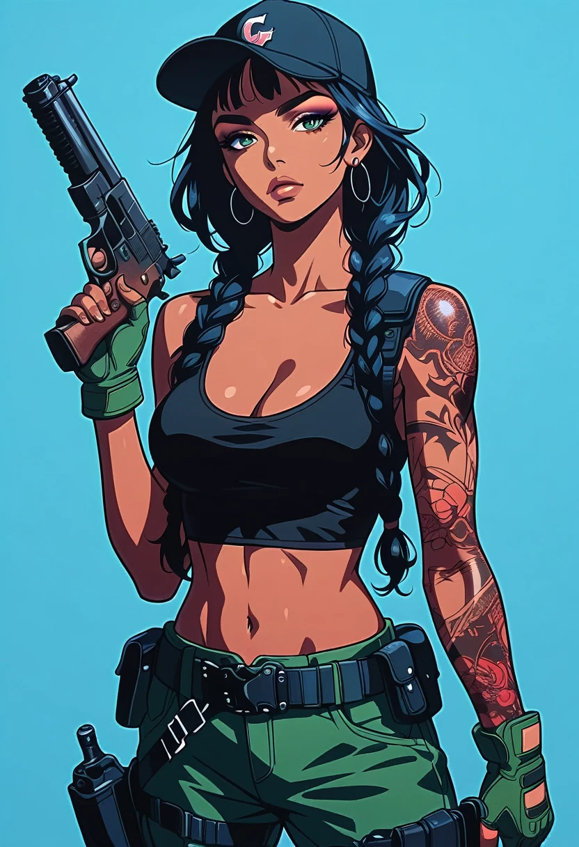 score_9, score_8_up, score_7_up, score_6_up,1girl, solo, weapon, gun, gloves, earrings, holding_weapon, tattoo, breasts, jewelry, holding, fingerless_gloves, hat, braid, holding_gun, navel, twin_braids, belt, black_hair, hoop_earrings, midriff, cleavage, tank_top, crop_top, looking_at_viewer, medium_breasts, green_gloves, baseball_cap, pants, arm_tattoo, handgun, trigger_discipline, lips, shoulder_tattoo, holster, long_hair, dark_skin, collarbone, thick_eyebrows, GLSHS, NEOST