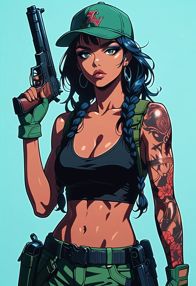 score_9, score_8_up, score_7_up, score_6_up,1girl, solo, weapon, gun, gloves, earrings, holding_weapon, tattoo, breasts, jewelry, holding, fingerless_gloves, hat, braid, holding_gun, navel, twin_braids, belt, black_hair, hoop_earrings, midriff, cleavage, tank_top, crop_top, looking_at_viewer, medium_breasts, green_gloves, baseball_cap, pants, arm_tattoo, handgun, trigger_discipline, lips, shoulder_tattoo, holster, long_hair, dark_skin, collarbone, thick_eyebrows, GLSHS, NEOST