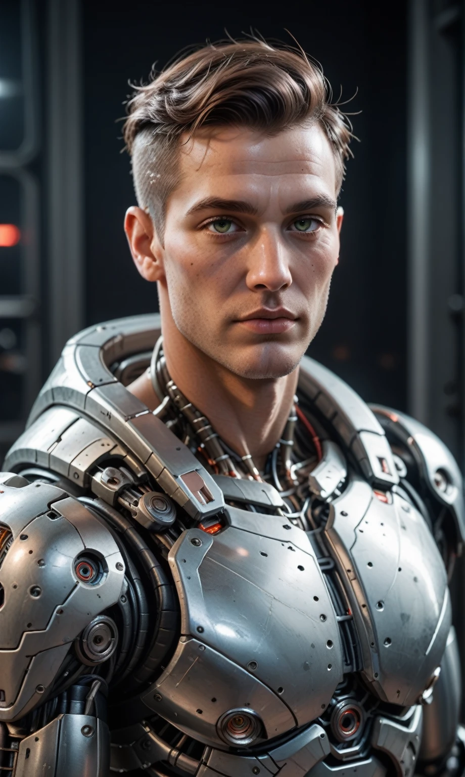 Cyberpunk photo, middle-aged man, cyborg, facial implants, muscular body, mechanical body, mechanical arms, mechanical skeleton, rusty armor, neon background, dark background, eye contact, looking at viewer, masterpiece, best quality, perfect detail  , perfect face detail, perfect eye detail, perfect skin detail, depth of field, perfect lighting