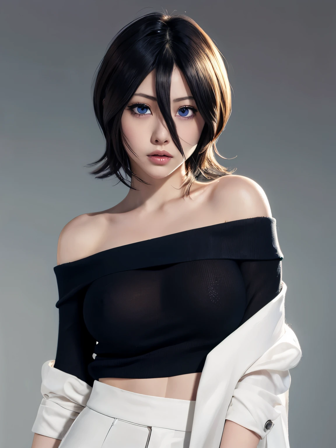 Black Hair, One girl, short hair, alone, (Hair between the eyes:1.75), View Viewer, blue eyes, high school girl,
very high quality, masterpiece, High resolution, high quality, natural skin, (upper body) photo of as (young:1.0) girl, (standing),
(slick undercut hair:1.2), (8k uhd:1.0), (best quality:1.0), (masterpiece:1.0), (sharp focus:1.0), (basic grey backdrop:1.0), Realistic photos, 
Purple eyes, (see-through silhouette:0.75), (nipples through:0.75),
white silk Off-the-shoulder attire,
