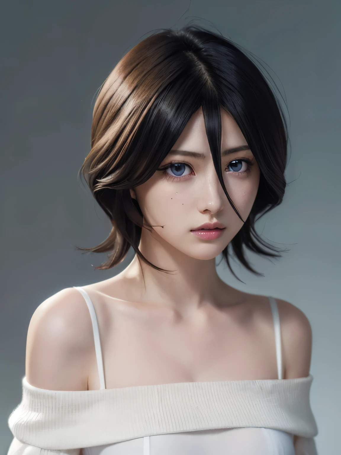 Black Hair, One girl, short hair, alone, (Hair between the eyes:1.75), View Viewer, blue eyes, high school girl,
very high quality, masterpiece, High resolution, high quality, natural skin, (upper body) photo of as (young:1.0) girl, (standing),
(slick undercut hair:1.2), (8k uhd:1.0), (best quality:1.0), (masterpiece:1.0), (sharp focus:1.0), (basic grey backdrop:1.0), Realistic photos, 
Purple eyes, (see-through silhouette:0.75), (nipples through:0.75),
white silk Off-the-shoulder attire,
