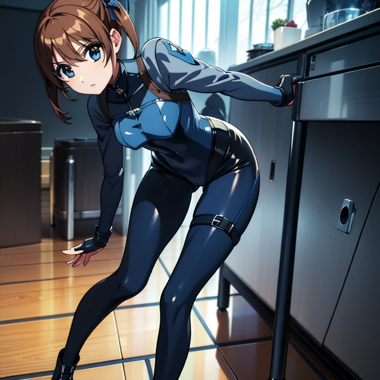 masterpiece, Very detailed, 最high quality, high quality, One girl, (Alone, Focus Only), Beautiful fine details, Beautiful detailed face, (Perfect hands, Full Finger, Black matching gloves), Perfect Anatomy, Perfect Proportions, Detailed Shadows, Detailed light, (Blue skinny suit, (Black leotard), Thigh holster, Thigh straps), (whole body青いパンティストッキング, Skin-tight blue leggings, Perfect fit), Matching boots, whole body, Serious, whole body costume design. High Tech Spy Building, indoor.