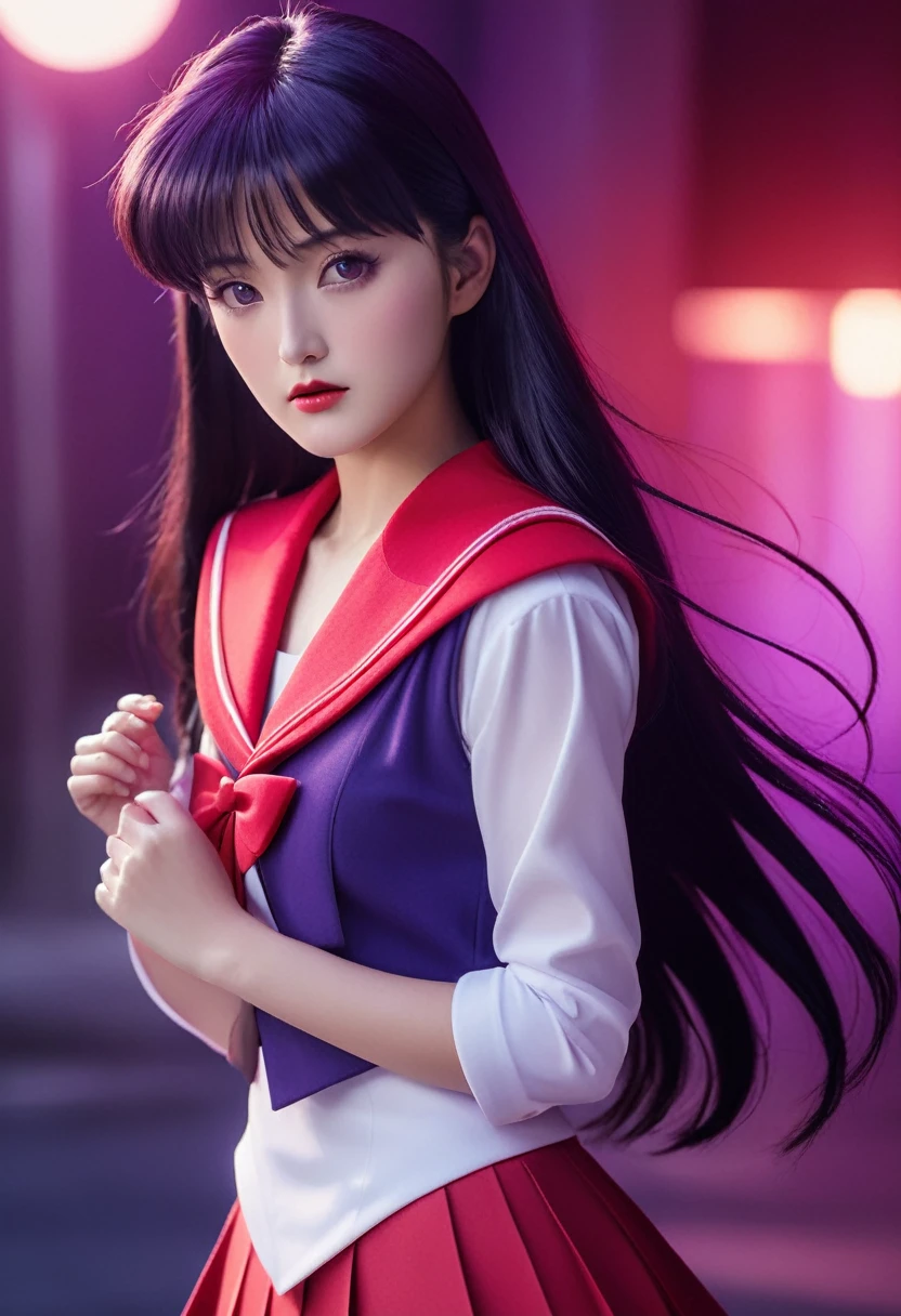 A highly detailed realistic of Sailor Mars, Rei Hino, in a dark fantasy movie setting, photorealistic, extremely detailed facial features, striking purple eyes, full lips, long eyelashes, elegant hairstyle, detailed red sailor mars uniform design, dramatic lighting, cinematic composition, moody color palette, intricate background details, fantasy elements, 8k, best quality, ultra-detailed, masterpiece