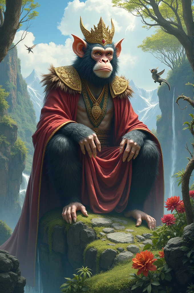 a young adult howler monkey, imposing and proud with a jutting chin on a throne of vines and leaves in the middle of the trees, surrounded by other monkeys, The chest plumage is more yellowish, resembling a tank top.