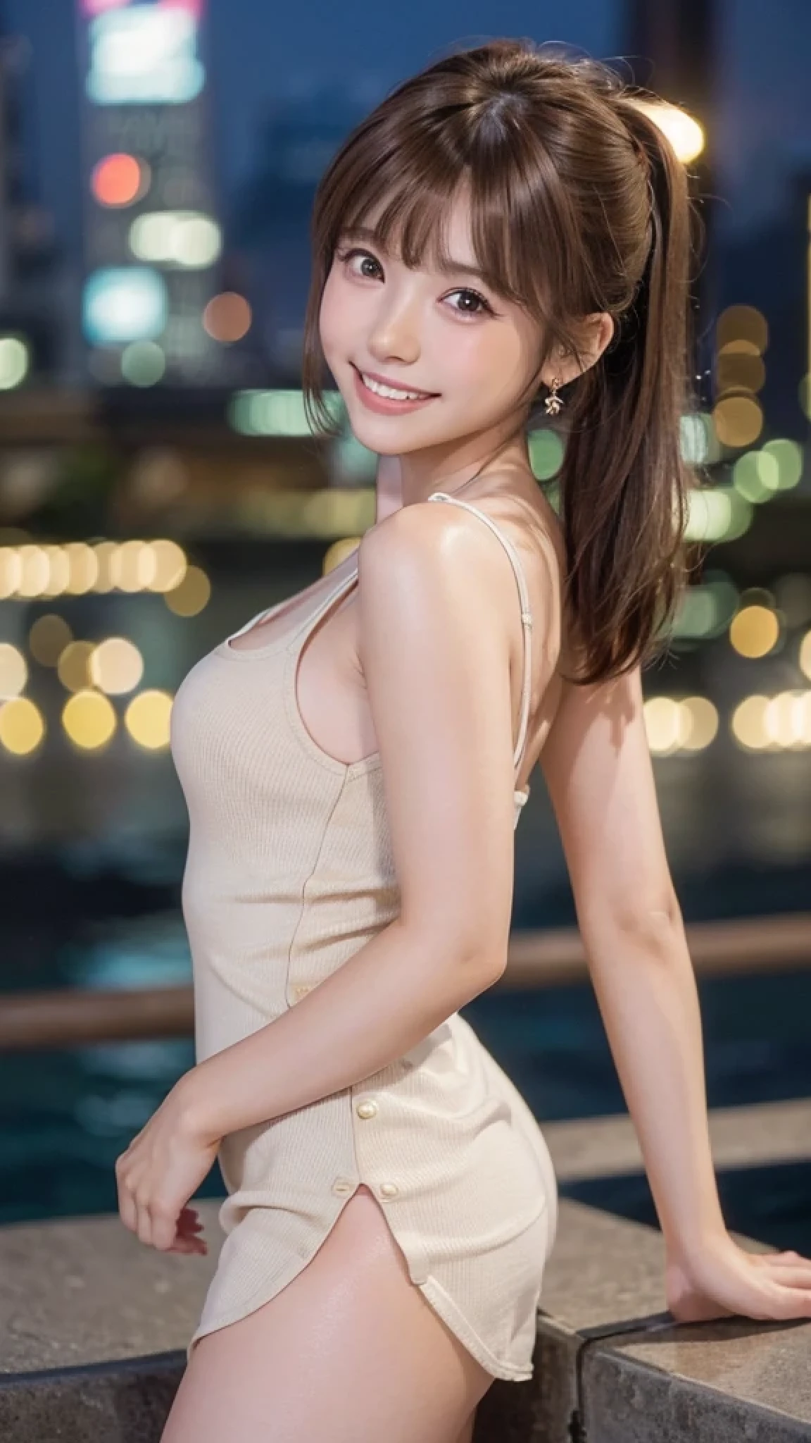 (RAW photos, best quality), (realistic, photorealistic: 1.2), (round face: 1), 1 girl, selfie outdoor, (high detail skin: 1.2), (puffy eyes), (lying silkworm), smile, collarbone, air bang, straight brown black hair, pure black pleated skirt, soft lighting, high quality, cityscape, skyline, night, rain, wet, professional lighting, Photon mapping, radiosity, physically based rendering,