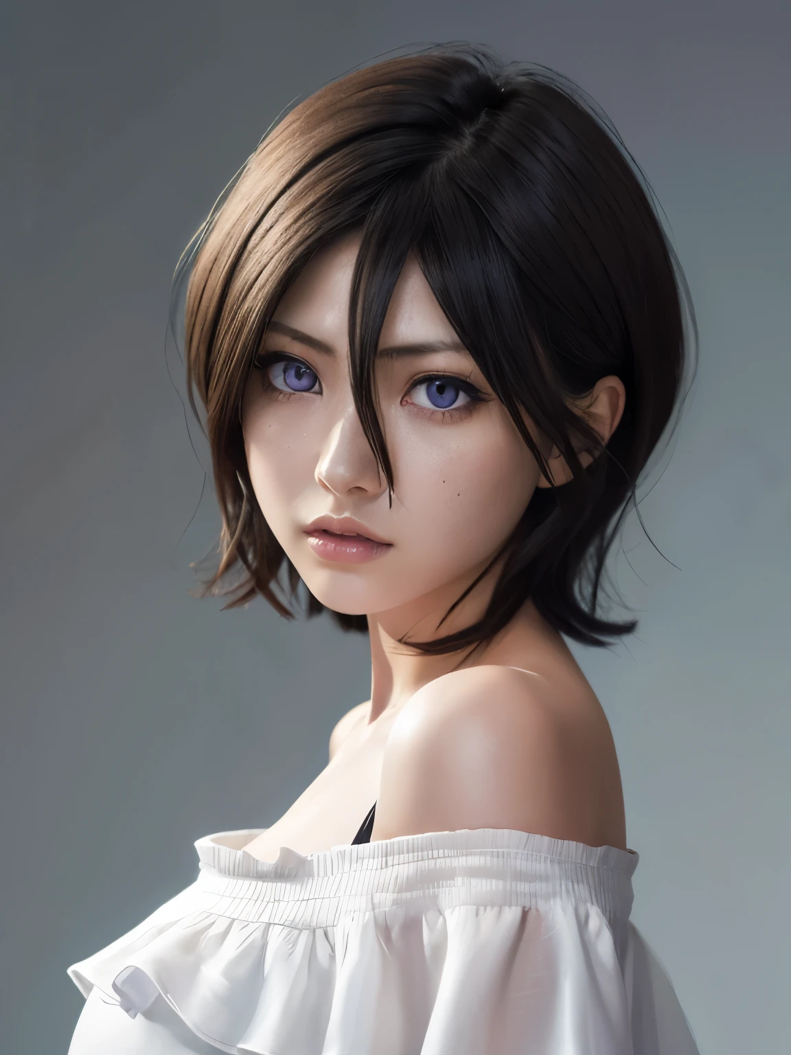 ((best quality)), ((masterpiece)), ((Realistic)), mikasa ackerman, short hair, beautifull, high angle, dynamic
