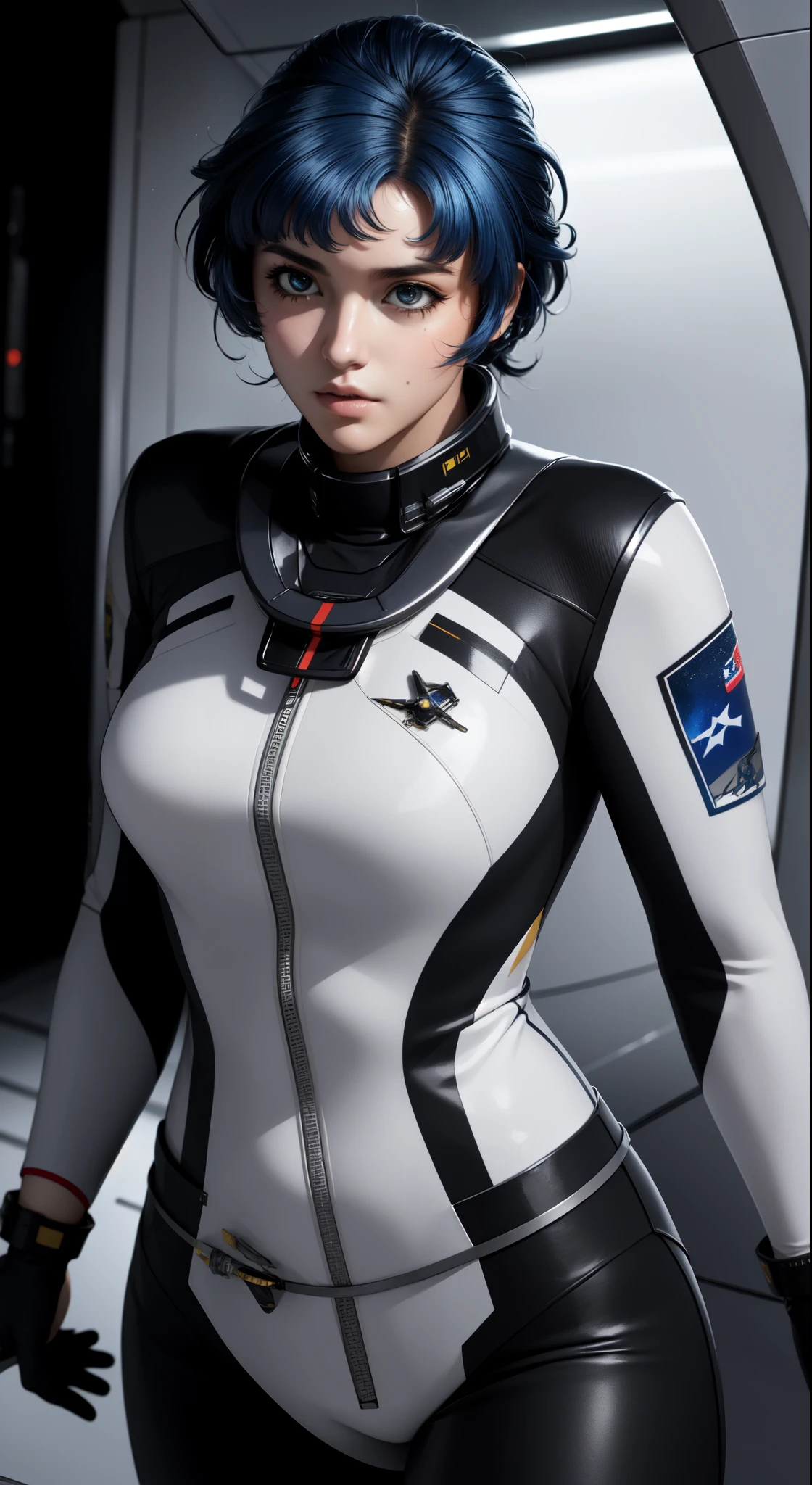 (best quality), (masterpiece),(ultra-detailed:1.2),photorealistic,ultra high res, 1girl, kusuha, pilot suit, futuristic, inside the Space Battleship, 