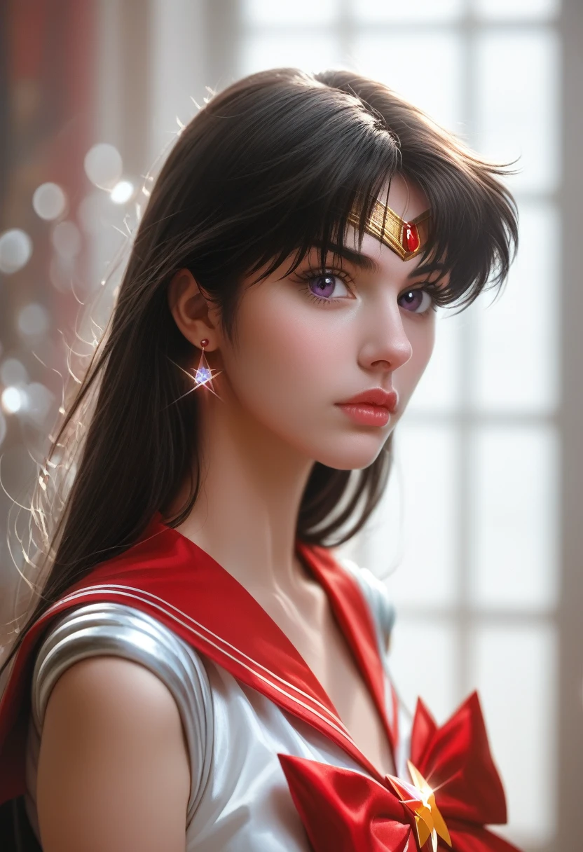 A highly detailed realistic of Sailor Mars, Rei Hino, in a dark fantasy movie setting, photorealistic, extremely detailed facial features, striking purple eyes, full lips, long eyelashes, elegant hairstyle, detailed red sailor mars uniform design, dramatic lighting, cinematic composition, moody color palette, intricate background details, fantasy elements, 8k, best quality, ultra-detailed, masterpiece