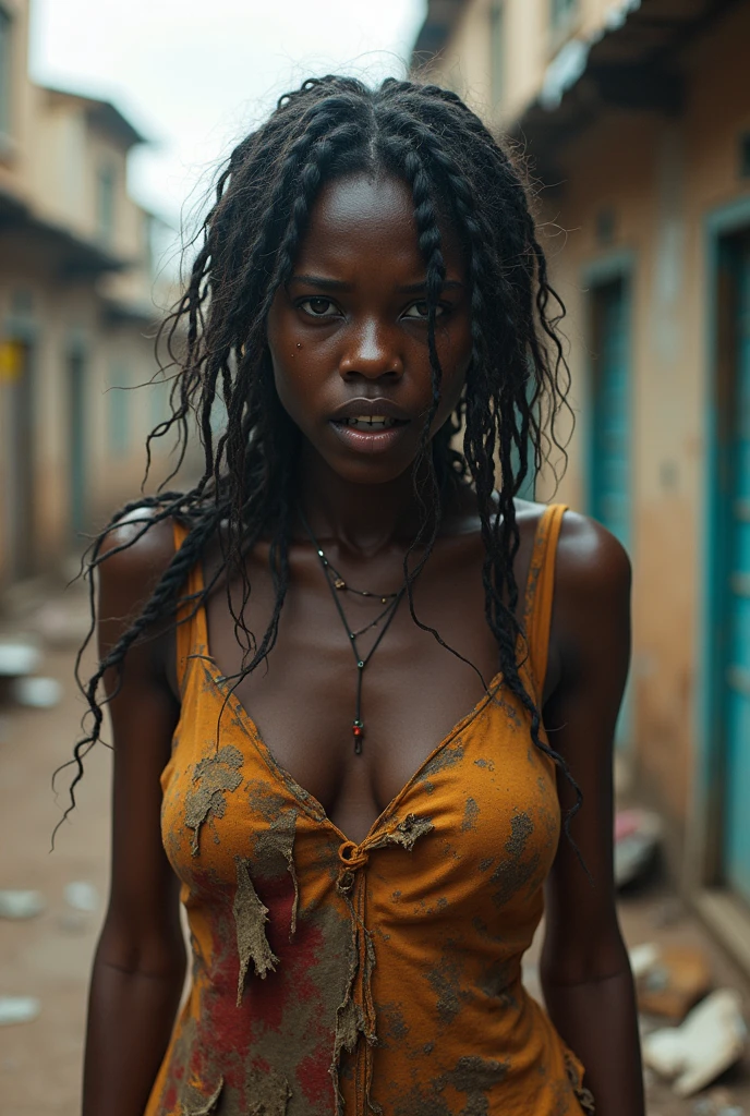 Photographie d’une femme, (expression faciale troublée), peau texturée, chair de poule, cheveux afro blonds, presque nue, avec deux tresses sur les côtés du visage, très réaliste, dans les rues de Paris