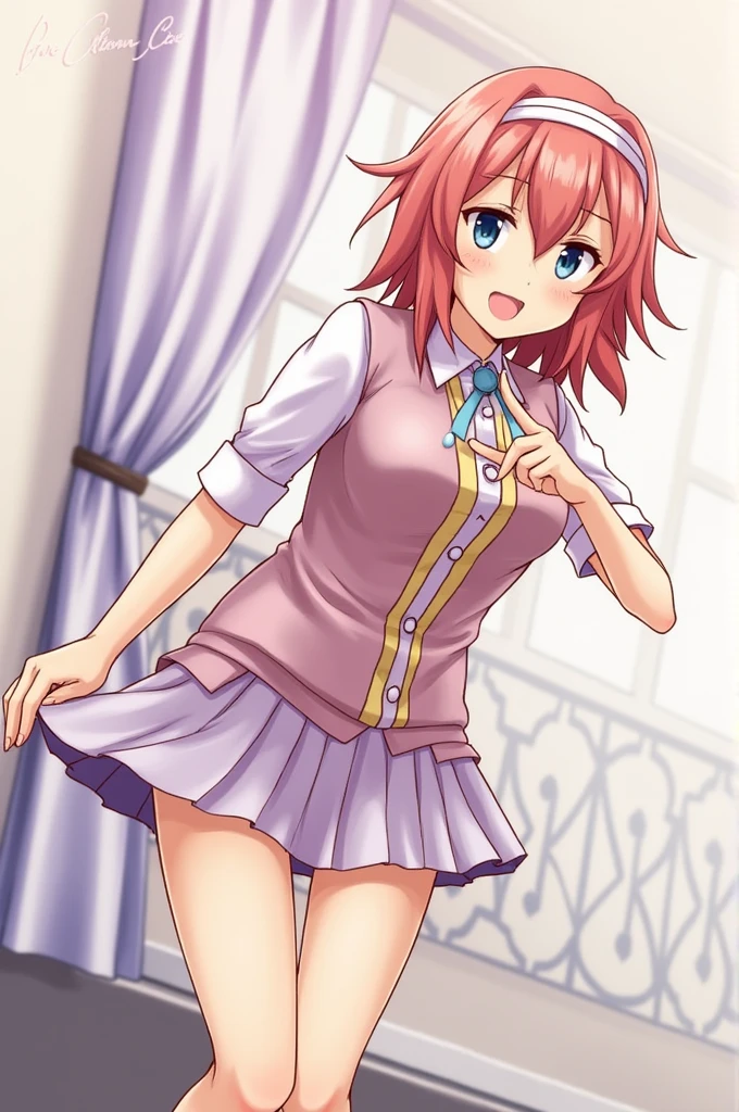 AidaMana, pink hair, short hair, half updo, hair ribbon, pink shirt, long sleeves, pink skirt, frilled skirt, purple thighhighs,looking at the camera,Undressing,NSFW