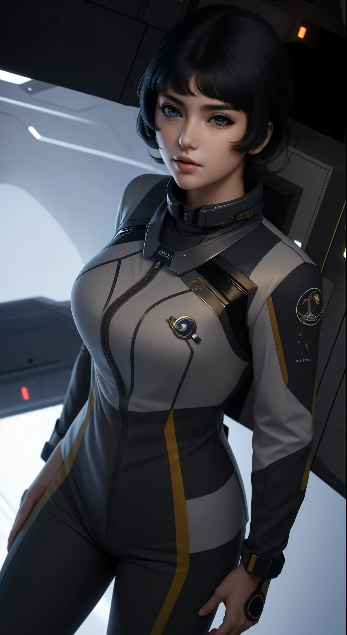 (best quality), (masterpiece),(ultra-detailed:1.2),photorealistic,ultra high res, 1girl, kusuha, pilot suit, futuristic, inside the Space Battleship, 