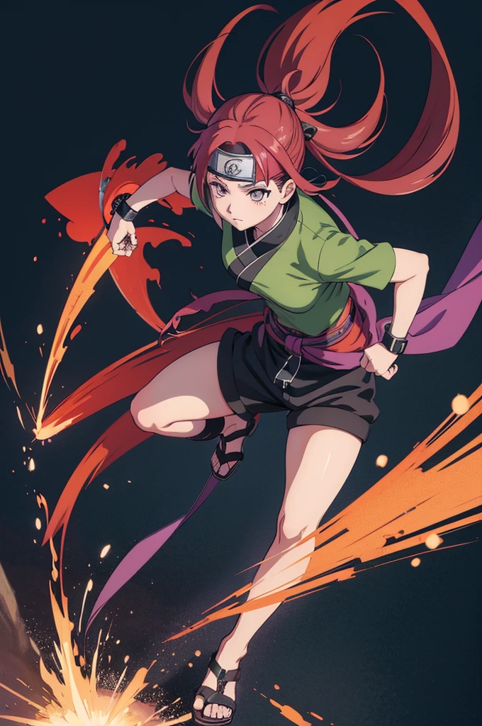 Kiary, anime girl naruto shippuden, fighting and using his sealing chain jutsu, full body, kunoichi, ninja, wearing his konohagakure bandana around his waist, purple eyes, long loose red hair. hair in the wind