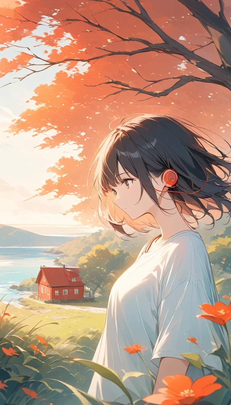 An atmospheric coastal scene with soft, warm colors. A young woman with short black hair, dressed in a loose, oversized white t-shirt, is standing outdoors next to a vibrant red synthesizer. She is wearing red earbuds, listening to music while gently adjusting the device. In the background, the calm blue sea meets a clear sky, while a red-roofed house and a large, wind-swept tree add depth to the landscape. The foreground shows tall grass swaying gently in the breeze, emphasizing the peaceful and reflective mood. The overall feeling is tranquil, with an emphasis on solitude and nature