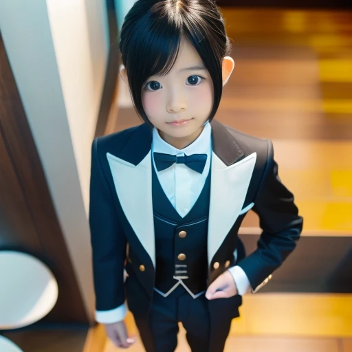 High details, HD, Asian、Young teenager girl, She is disguised as a boy, height is 140cm, make Short cut mimicly, boots, butler clothes, black trousers, tailcoat,The girl’s facial expression is maintained