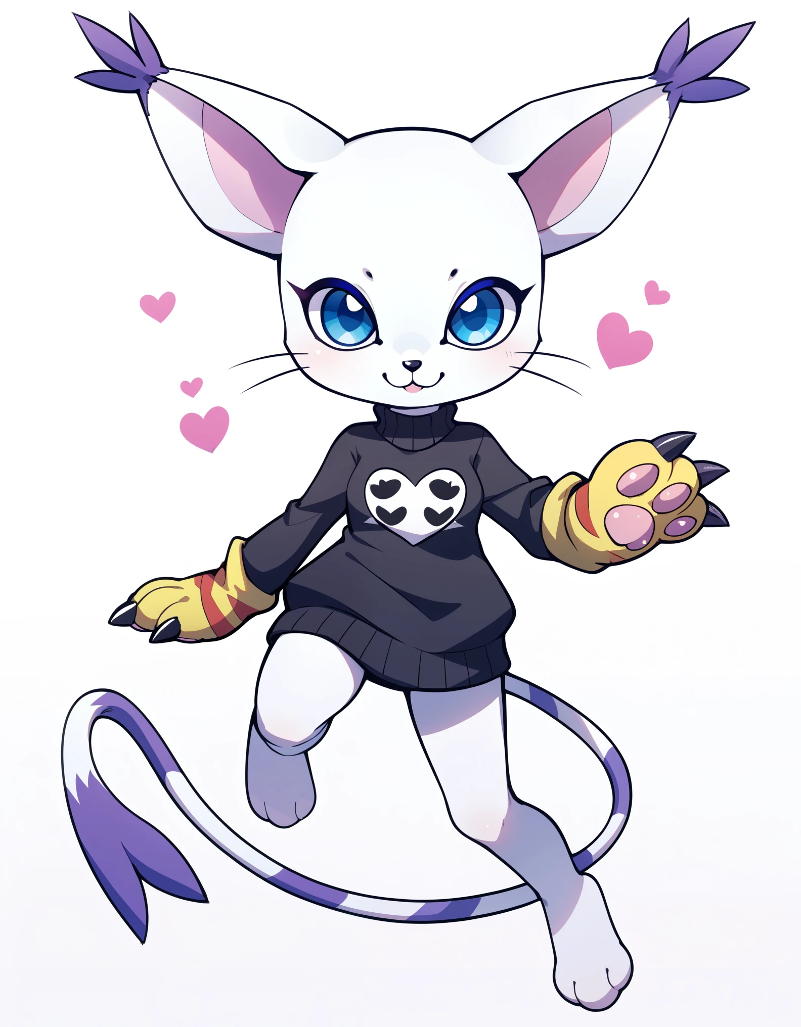 score_9, score_8_up, score_7_up, rating_safe, gatomon black, wild, (digimon), solo, alone, looking at viewer, blue eyes, black fur, striped tail, gloves, paw shaped gloves, paw pads,, digital_media_(artwork) hi_res, beautiful, anthropomorphic, furry, female, slim, slender, small breasts, cute, big sweater, blonde fur, beautiful blue eyes, smile, alone, nsfw, black Gatomon, Black Tailmon, no pants, white background