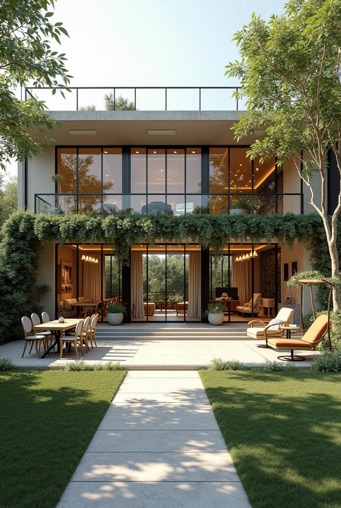 Create a large first floor glass coffee shop with rooftop and the stairs are on the side and spacious backyard with a lot of tables and chairs and also swing chairs with asthetic vines and relaxing and aesthetic beautiful alfresco theme with beautiful pathway and also fairy lights and put a study area also and put a separate billiard area with sound proof glasses and put a table and chairs inside the billiards area.
First Floor:
Glass Window and Door: The entire front facade of the coffee shop is made of floor-to-ceiling glass windows and doors, allowing natural light to pour in and providing an unobstructed view of the outdoors. The doors are sliding glass doors that lead to the spacious backyard.
Coffee Shop Interior: The interior is designed to be modern and minimalist, with a neutral color palette and plenty of natural light. The walls are painted a soothing white, and the floors are made of polished concrete. The coffee bar is located near the entrance, with a sleek and modern design.
Seating Area: The seating area is spacious and comfortable, with a mix of tables and chairs, as well as plush sofas and armchairs. The tables are made of reclaimed wood, and the chairs are designed to be ergonomic and comfortable.
Rooftop:
Access: The stairs to the rooftop are located on the side of the building, providing a separate entrance and exit for customers who want to access the rooftop.
Rooftop Design: The rooftop is designed to be a tranquil oasis, with plenty of greenery and comfortable seating areas. The floor is made of wooden decking, and the walls are adorned with aesthetic vines and plants. The seating area is furnished with plush outdoor sofas and chairs, as well as swing chairs that offer a relaxing and peaceful experience.
Fairy Lights: The rooftop is illuminated with fairy lights that add a warm and cozy ambiance to the space.
Backyard:
Pathway: The backyard is accessed through the sliding glass doors on the first floor, and is designed to be a beautifu