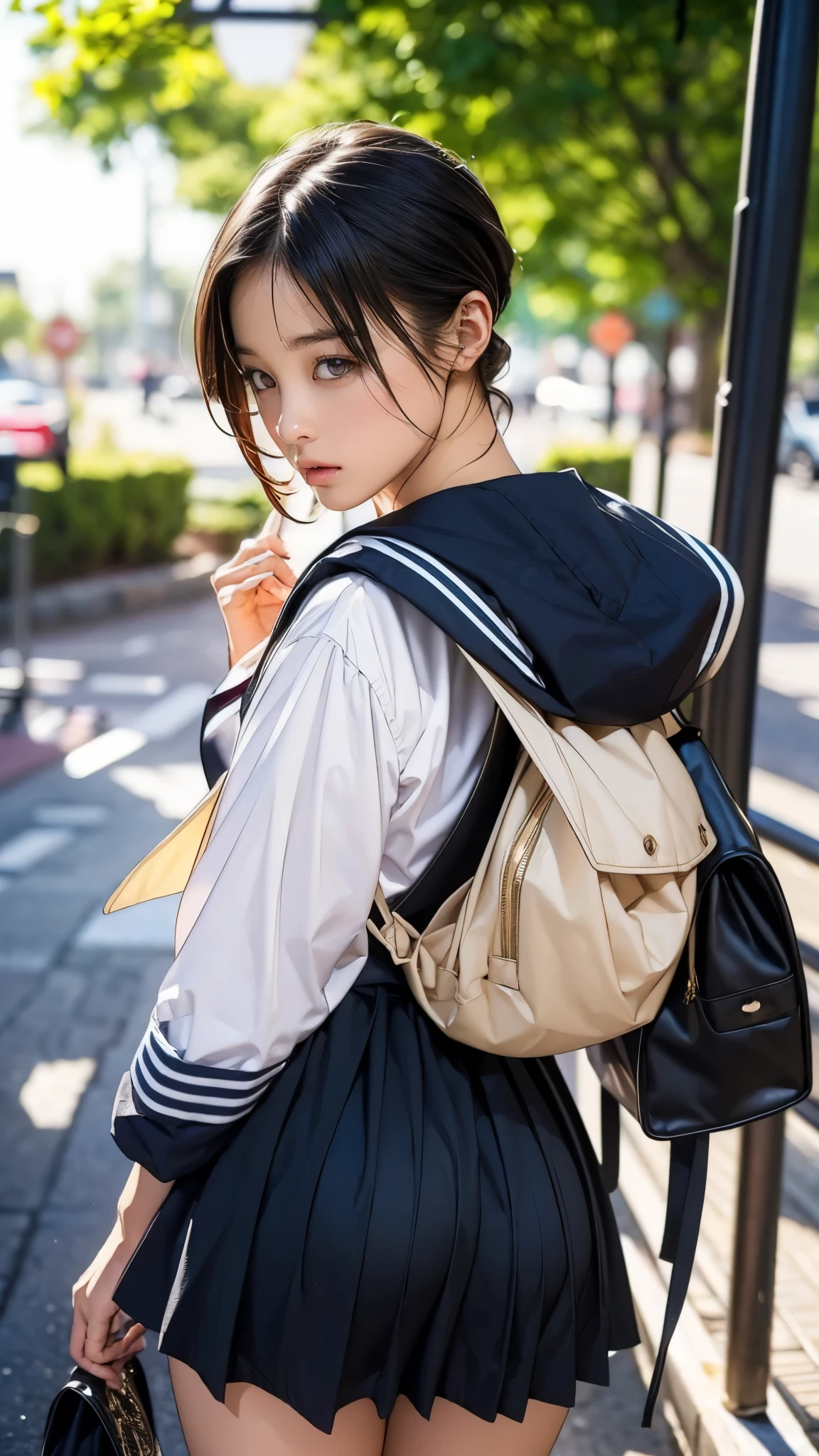 (((Accidental exposure, -yeld gi Sailor suit, rucksack, Skirt caught in bag:1.3, I flipped up my skirt, Beautiful ass, Very small ass:1.4, panties))), (masterpiece:1.3), (8k, Realistic, RAW Photos, Highest quality: 1.4), Japan , (1 girl), Beautiful Face, (Realistic face), (Black Hair, short hair:1.3), Beautiful hairstyle, Realistic eyes, Beautiful Eyes, Beautiful Eyes, (Realistic skin), Beautiful Skin, Long legs, charm, Ultra-high resolution, Golden Ratio