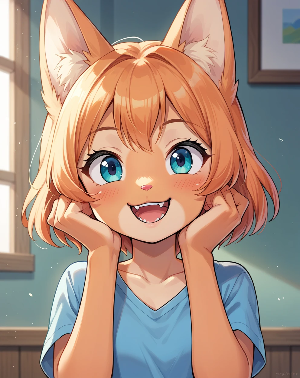 little fox, kid girlfox, blonde hair, ginger fur, blue eyes, cute kid, alone, face similar to Diane Foxington, kid, short hair, open mounth, happy, alone