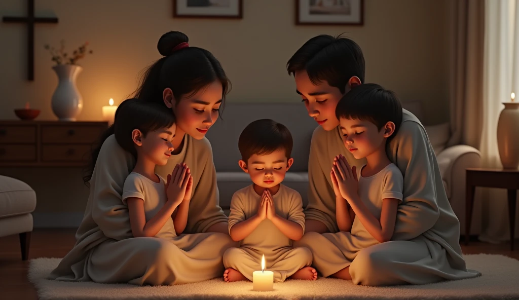 humble ocidental family praying inside a simple house, realistic image, lights, lighting,  high details, 8k, high-quality:: dof, --auto --s2