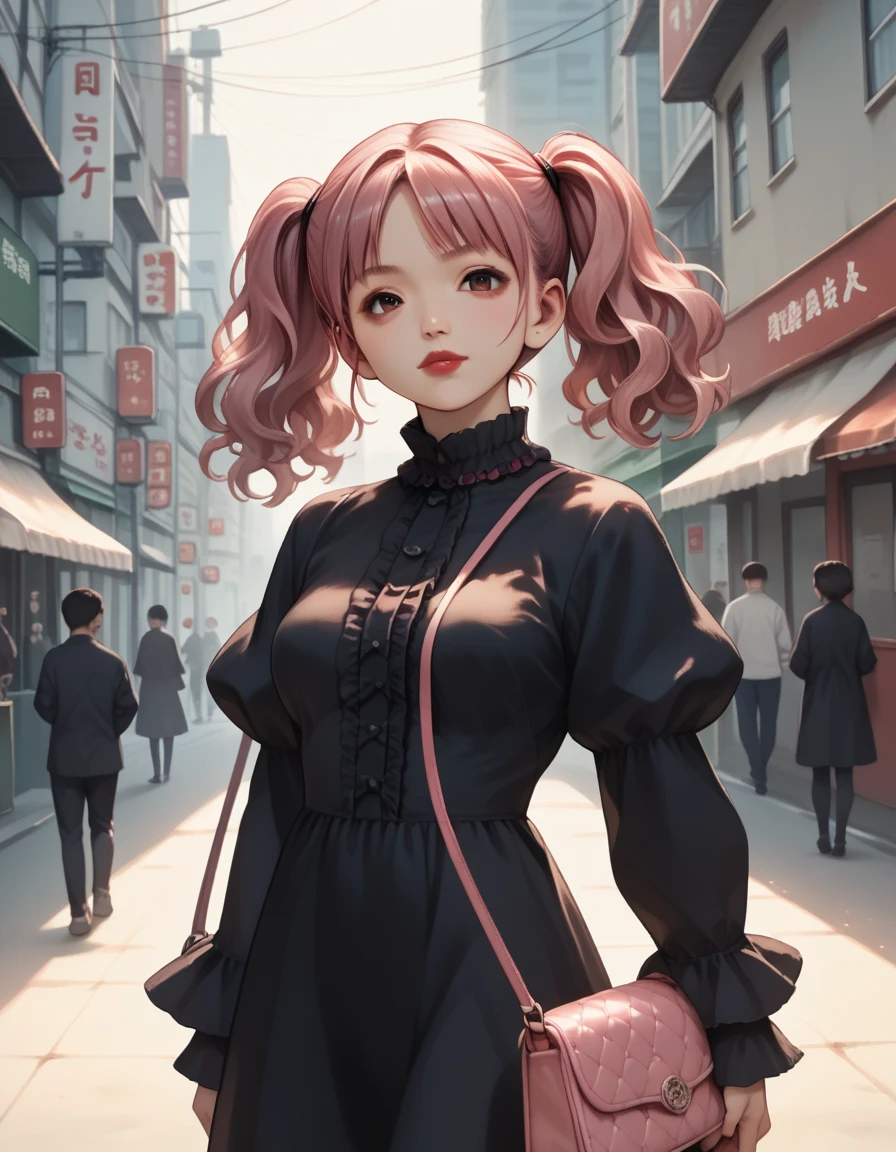 Gothic,extremely detailed,Detailed dress,Japanese,25 yo,tareme,red lips,pink hair,wavy hair,twintail,busty,long sleeves,frill,pink handbag,city