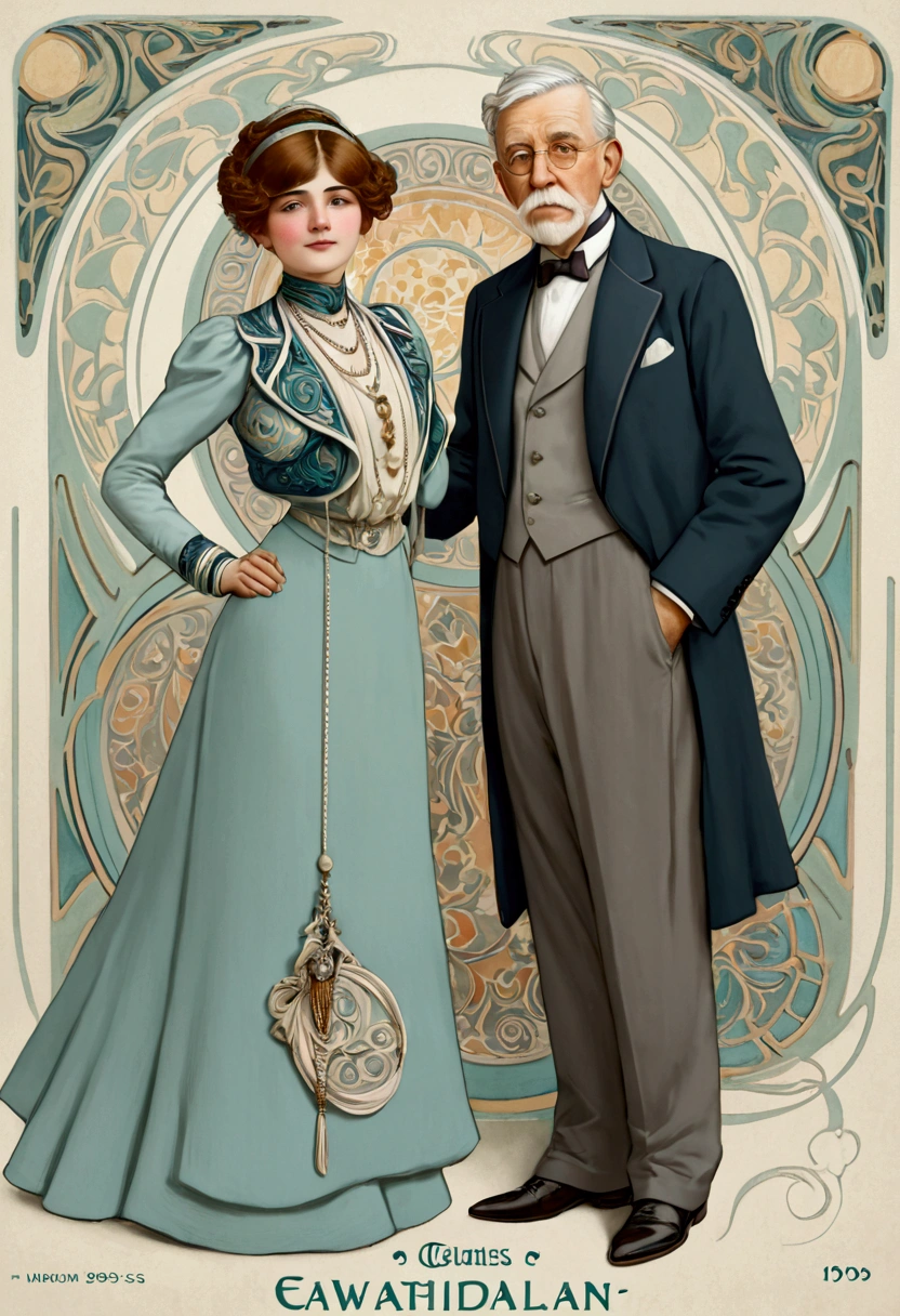 portrait of a gorgeous 14yo girl and her elderly 69yo suitor, art nouveau style. Year 1905. 1905_dr3ss. Girl wearing a fashionable Edwardian outfit, hourglass figure. Man wearing dinner suit. 1girl, 1man