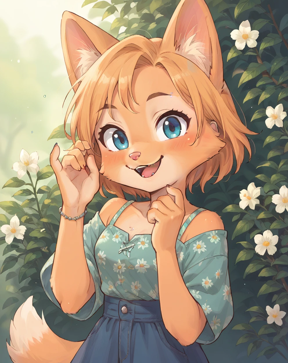 little fox, kid girlfox, blonde hair, ginger fur, blue eyes, cute kid, alone, face similar to Diane Foxington, kid, short hair, open mounth, happy, alone