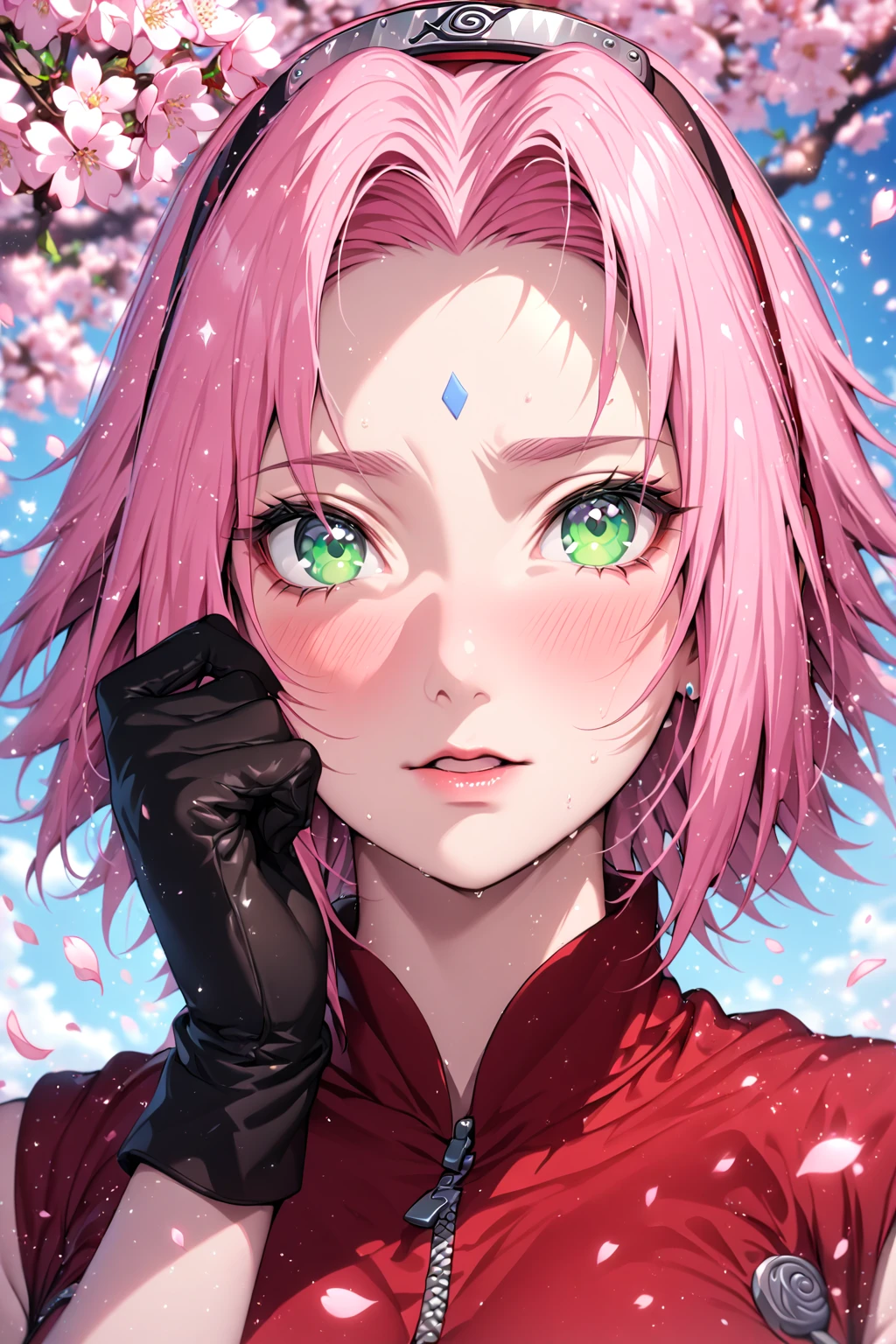 absurdres, highres, ultra detailed, HDR, master piece, Haruno Sakura, pink hair, short hair, expressive green eyes, red shirt, sexy woman, best quality, black gloves, Naruto Shippuden, solo, fantasy, magical, sensual, glittering, accessories, blue sky, pink flowers, petals, cherry blossoms, extremely beautiful,