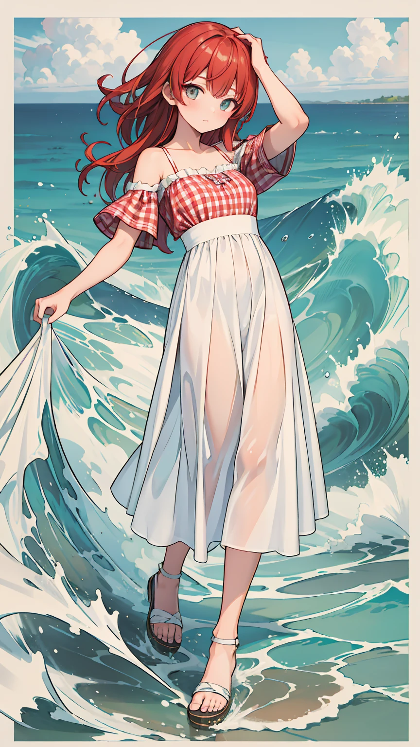 (8k, Best Quality, masterpiece: 1.2),Ultra-high resolution, 1 person, solo ,Small breasts, Highly detailed face, White long skirt, The top is a red gingham check camisole.ソール, White long skirt, The top is a red gingham check camisole., White short sleeves, Gladiator Sandals, sea, Waves, Pure white long skirt, 