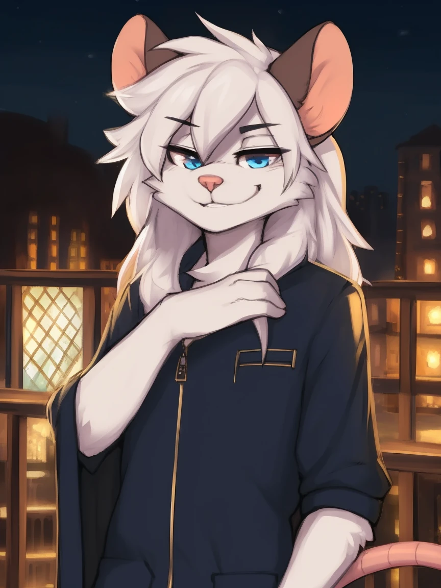 Best quality, Super detailed illustration, cartoon illustration, ultra high 4k quality, ((masterpiece, best quality)) by zackary911,zackary911, fluff-kevlar, by fluff-kevlar, anthro mouse, large mouse ears, rat nose, rat whiskers, white fur, male, solo, one character, furry character, furry male. blue eyes, big ears, white lab coat, blue shirt, blue jeans, white fur. fluffy fur, big rat tail, serious face, only one tail, dark background, white long hair, beautiful smug smile