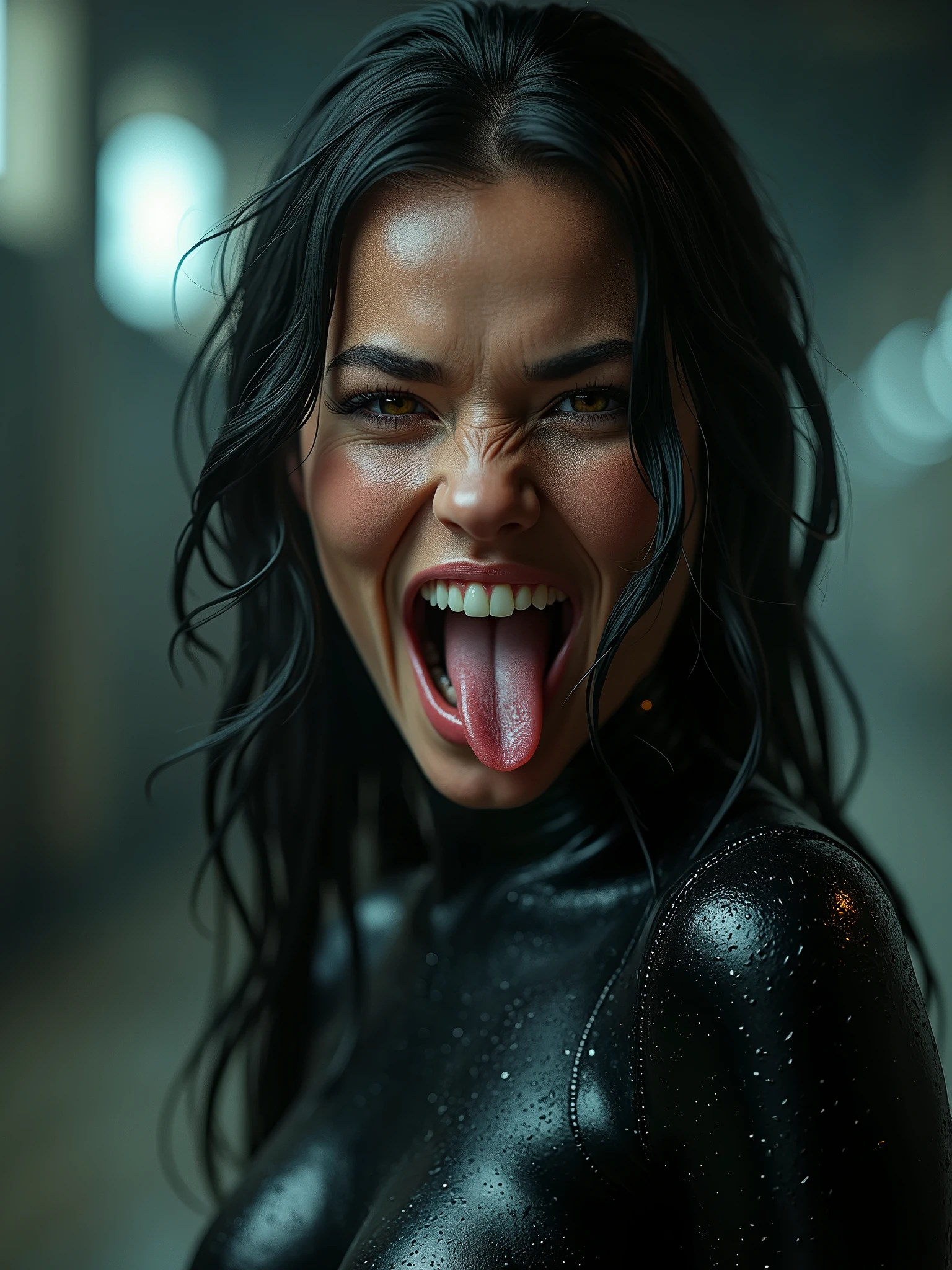 Give me a Latina woman dressed in leather from neck to toe trying to rip open her leather clothing with her hands while screaming on her knees