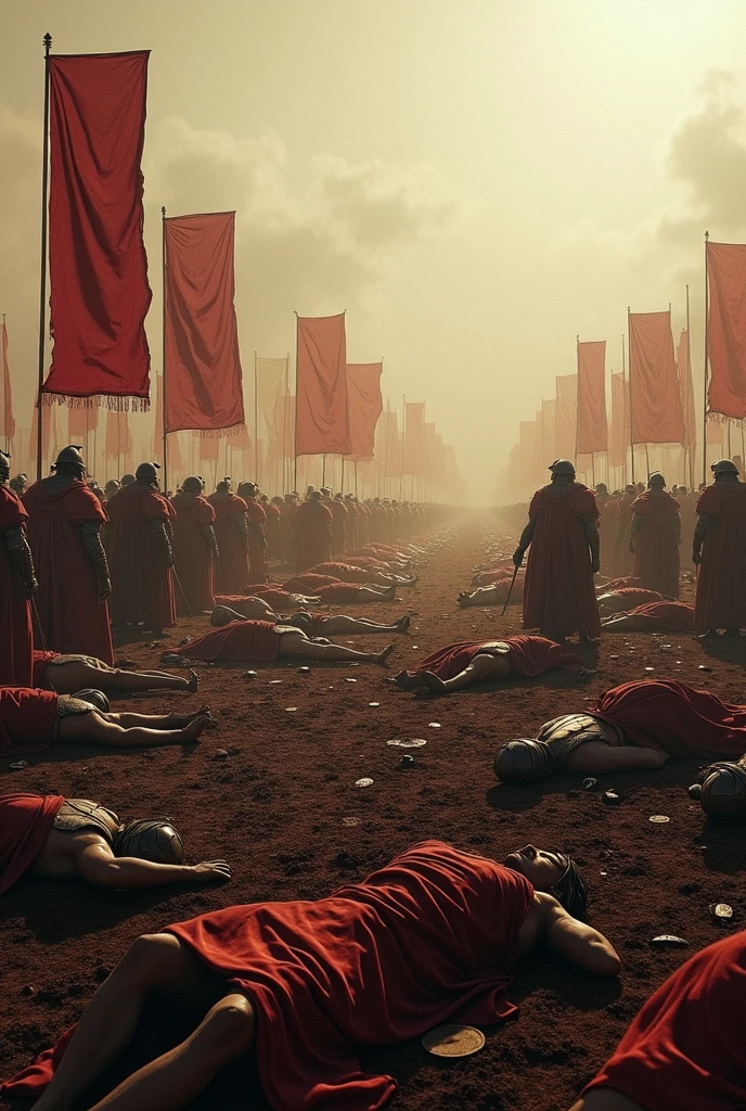 Create a image of the war zone kurukshetra after the next day of Mahabharata war. How was its condition. Thousands of dead bodies over one another