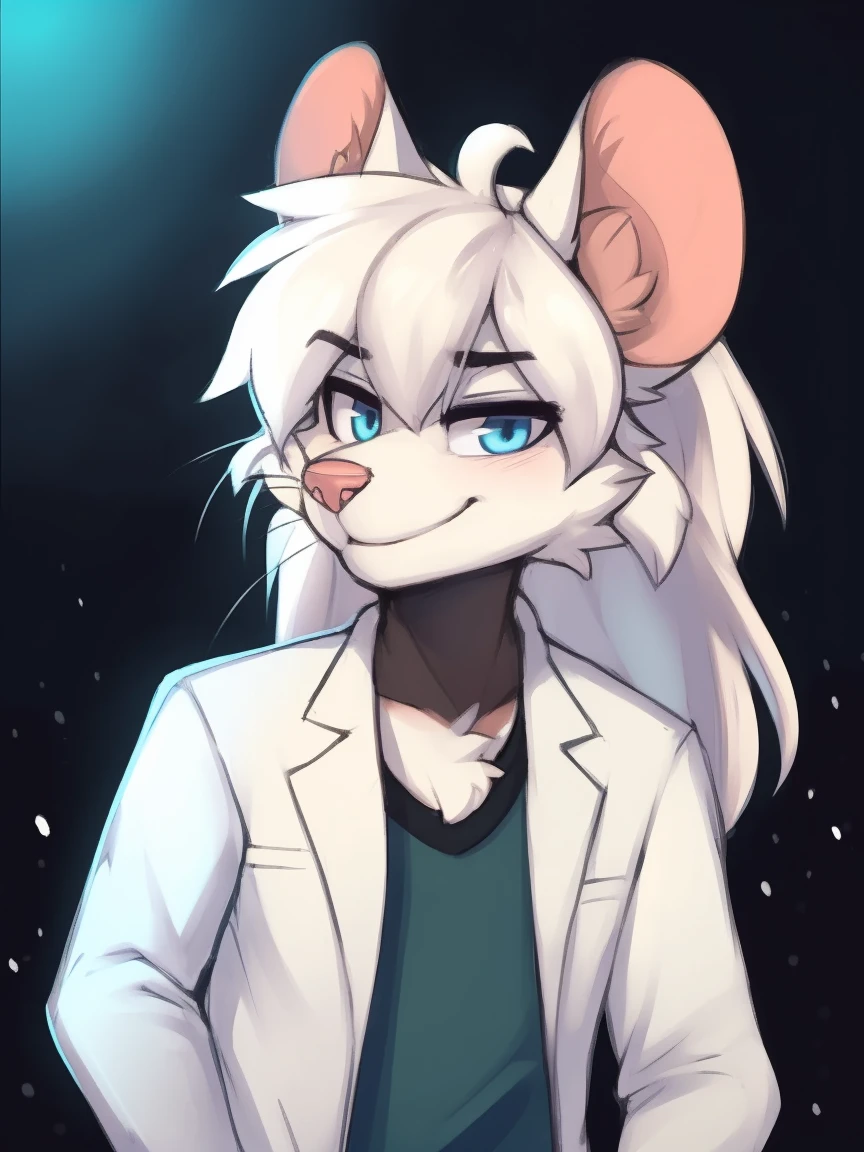 Best quality, Super detailed illustration, cartoon illustration, ultra high 4k quality, ((masterpiece, best quality)) by zackary911,zackary911, fluff-kevlar, by fluff-kevlar, anthro mouse, large mouse ears, rat nose, rat whiskers, white fur, male, solo, one character, furry character, furry male. blue eyes, big ears, white lab coat, blue shirt, blue jeans, white fur. fluffy fur, big rat tail, serious face, only one tail, dark background, white slick long hair, beautiful smug smile