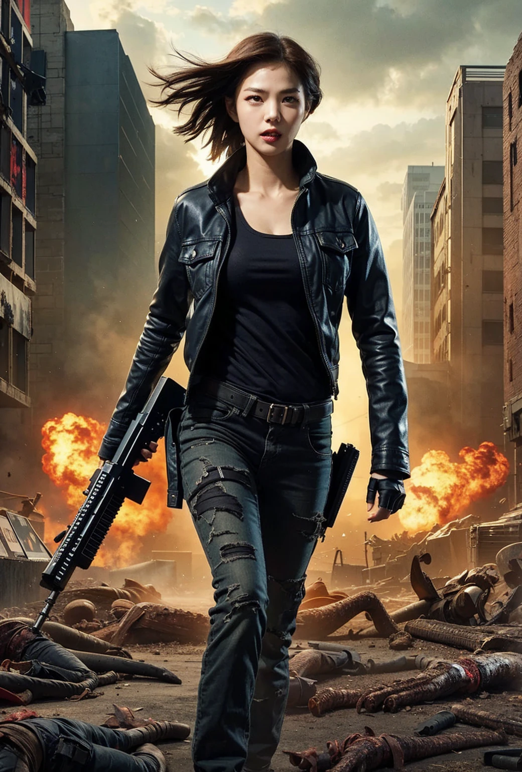 Design an 8k movie poster featuring an Asian vampire woman with medium breasts, dressed in a tight crop top and jeans, striking a fierce vampire pose. She stands in the foreground, baring her sharp fangs with a menacing yet seductive expression. Her eyes glow with a supernatural red hue, and her hands are clawed, ready to strike. The background is a dark, misty urban setting with flickering neon signs and eerie shadows, creating a haunting atmosphere. The lighting should emphasize her vampiric allure, with dramatic highlights and shadows that capture her dangerous beauty and powerful presence