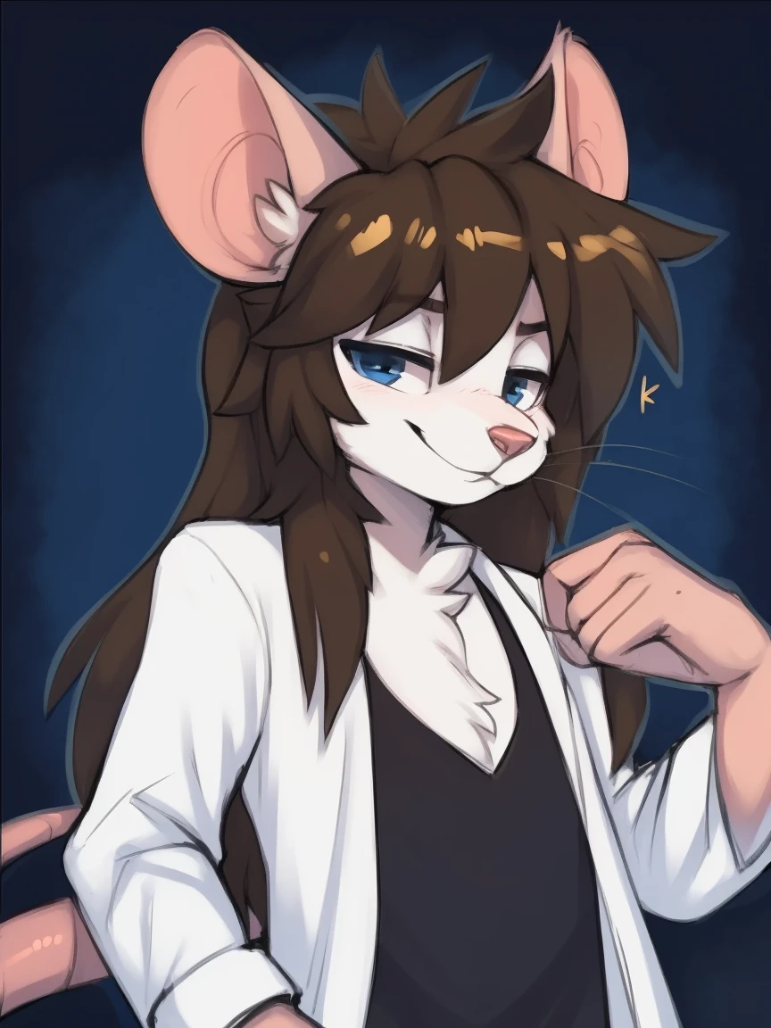 Best quality, Super detailed illustration, cartoon illustration, ultra high 4k quality, ((masterpiece, best quality)) by zackary911,zackary911, fluff-kevlar, by fluff-kevlar, anthro mouse, large mouse ears, rat nose, rat whiskers, white fur, male, solo, one character, furry character, furry male. blue eyes, big ears, white lab coat, blue shirt, blue jeans, white fur. fluffy fur, big rat tail, serious face, only one tail, dark background, dark brown slick long hair, beautiful smug smile