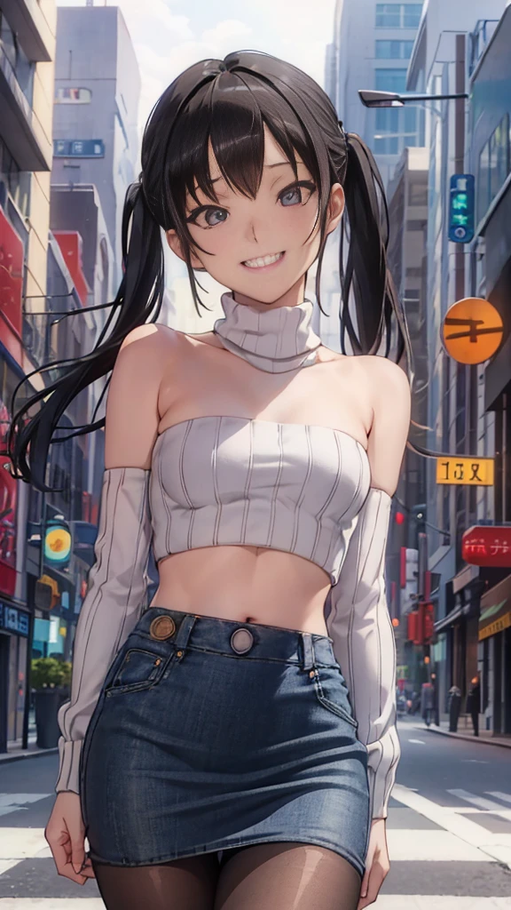 (8k、Best image quality、highest quality、masterpiece)、Detailed face、One girl、Black Hair、twintails、Light blue eyes、evil smile、((Grin))、Small breasts、((white knit))、Off the shoulder、Strapless、((denim pencilskirt))、((pantyhose))、Cowboy Shot、City Background