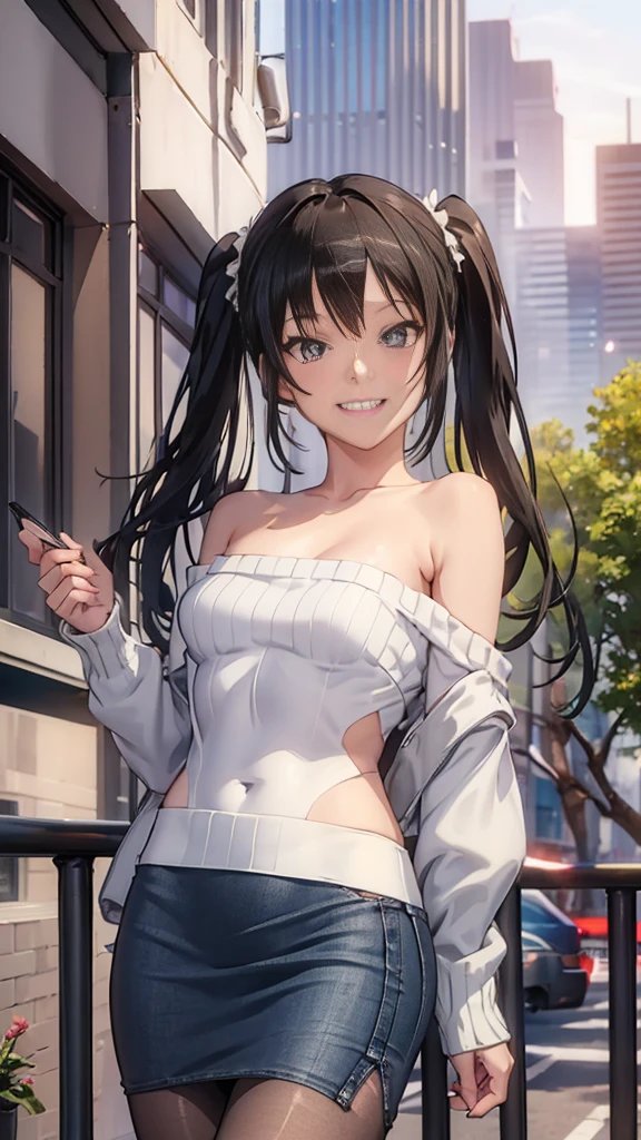 (8k、Best image quality、highest quality、masterpiece)、Detailed face、One girl、Black Hair、twintails、Light blue eyes、evil smile、((Grin))、Small breasts、((white knit))、Off the shoulder、Strapless、((denim pencilskirt))、((pantyhose))、Cowboy Shot、City Background