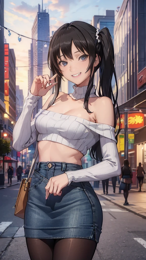 (8k、Best image quality、highest quality、masterpiece)、Detailed face、One girl、Black Hair、twintails、Light blue eyes、evil smile、((Grin))、Small breasts、((white knit))、Off the shoulder、Strapless、((denim pencilskirt))、((pantyhose))、Cowboy Shot、City Background