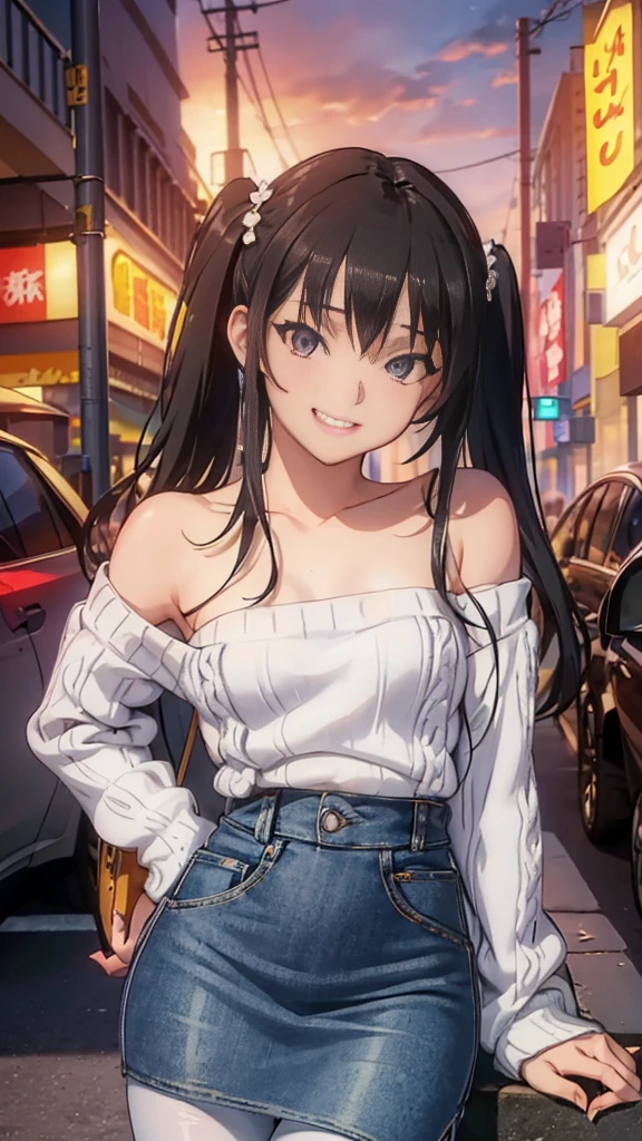 (8k、Best image quality、highest quality、masterpiece)、Detailed face、One girl、Black Hair、twintails、Light blue eyes、evil smile、((Grin))、Small breasts、((white knit))、Off the shoulder、Strapless、((denim pencilskirt))、((pantyhose))、Cowboy Shot、City Background