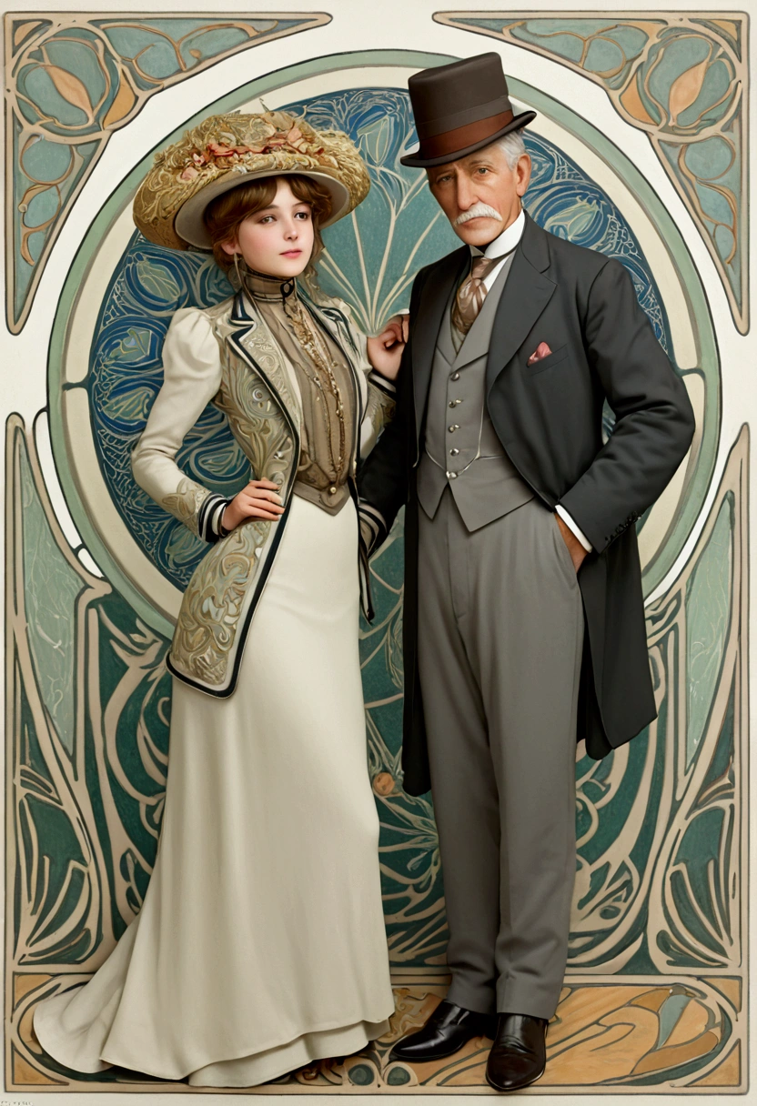 portrait of a gorgeous 14yo girl groped by her elderly 69yo suitor, art nouveau style. Year 1901. 1900_dr3ss. Girl wearing a fashionable Edwardian outfit and hat, hourglass figure. Man wearing dinner suit. 1girl, 1man. NSFW.