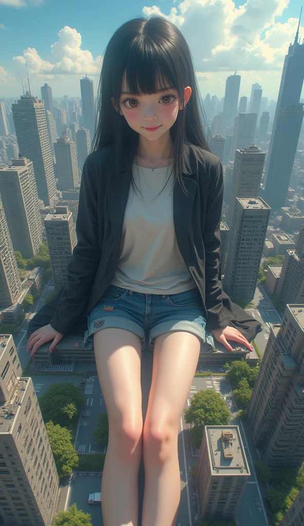 a korean woman pussy look, whose height is 10000000 kilometers, at the nano-sized miniature endless city of micro-sized endless continent world, she kneel down on top of a lot of nano-sized buildings which are much smaller than her, she feel happy and enjoy
