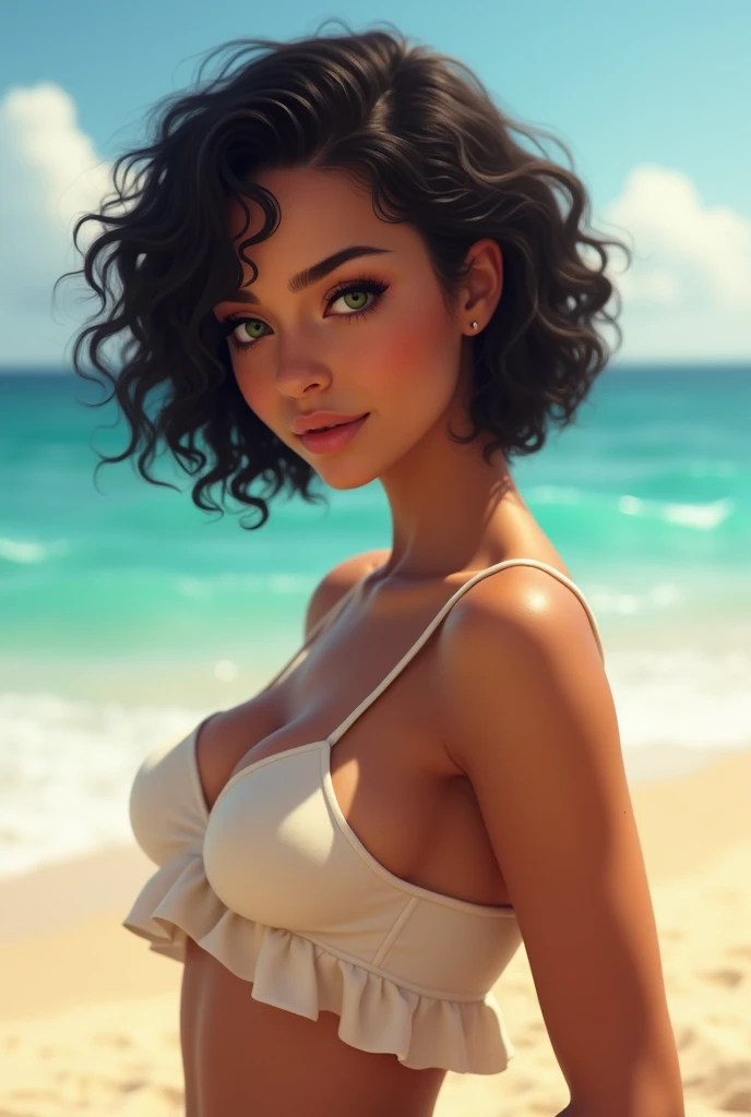 arafed woman in a black bikini posing on the beach, retrato suave fotografado em 8k, retrato de beleza bronzeada, Retrato de 60 mm, 4k color photo portrait, 4k photo portrait, 8k Artistic Portrait Photography, Retrato de 70 mm, cinematic portrait, inspirado em Arik Brauer, foto de uma linda mulher, retrato de uma bela modelo