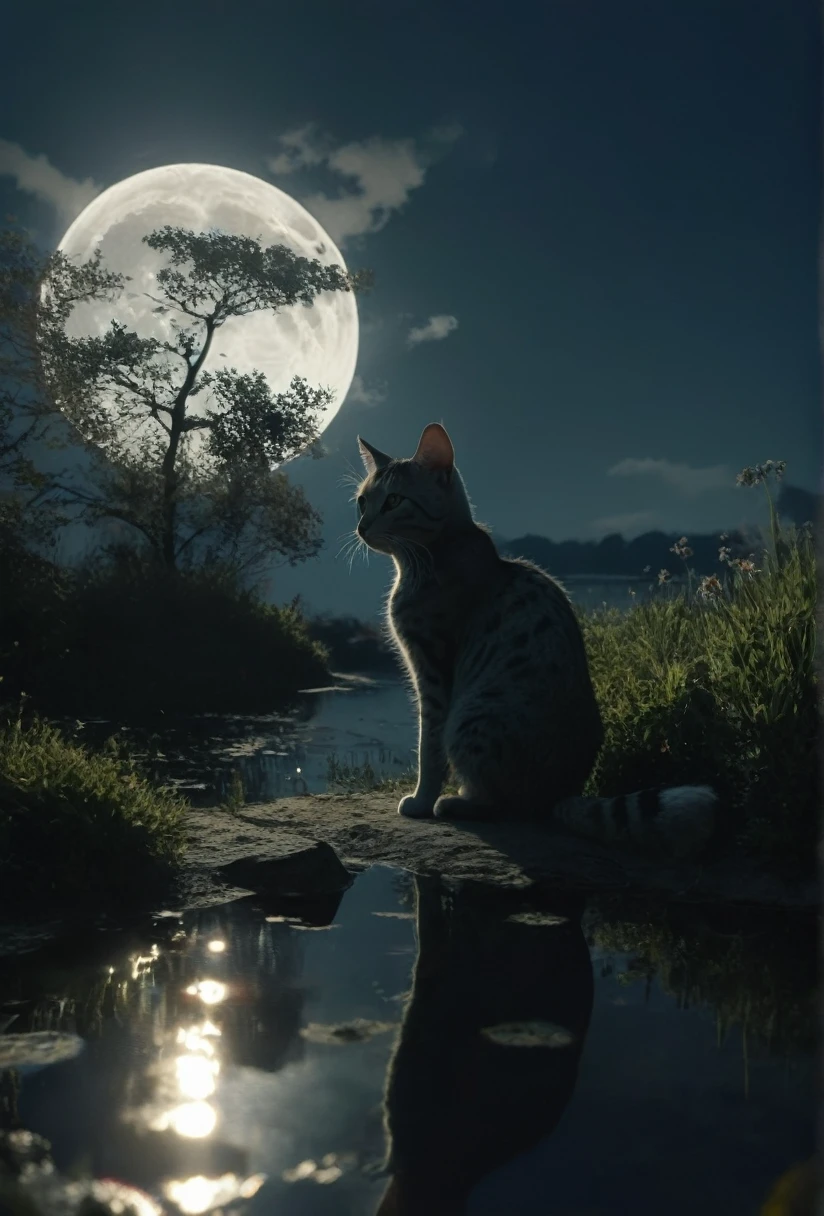 Surreal、Ultra-realistic、Ultra HD、4K、Cat watching the moon。Lakeside where silver grass grows。Japanese Style、Dark Skies、