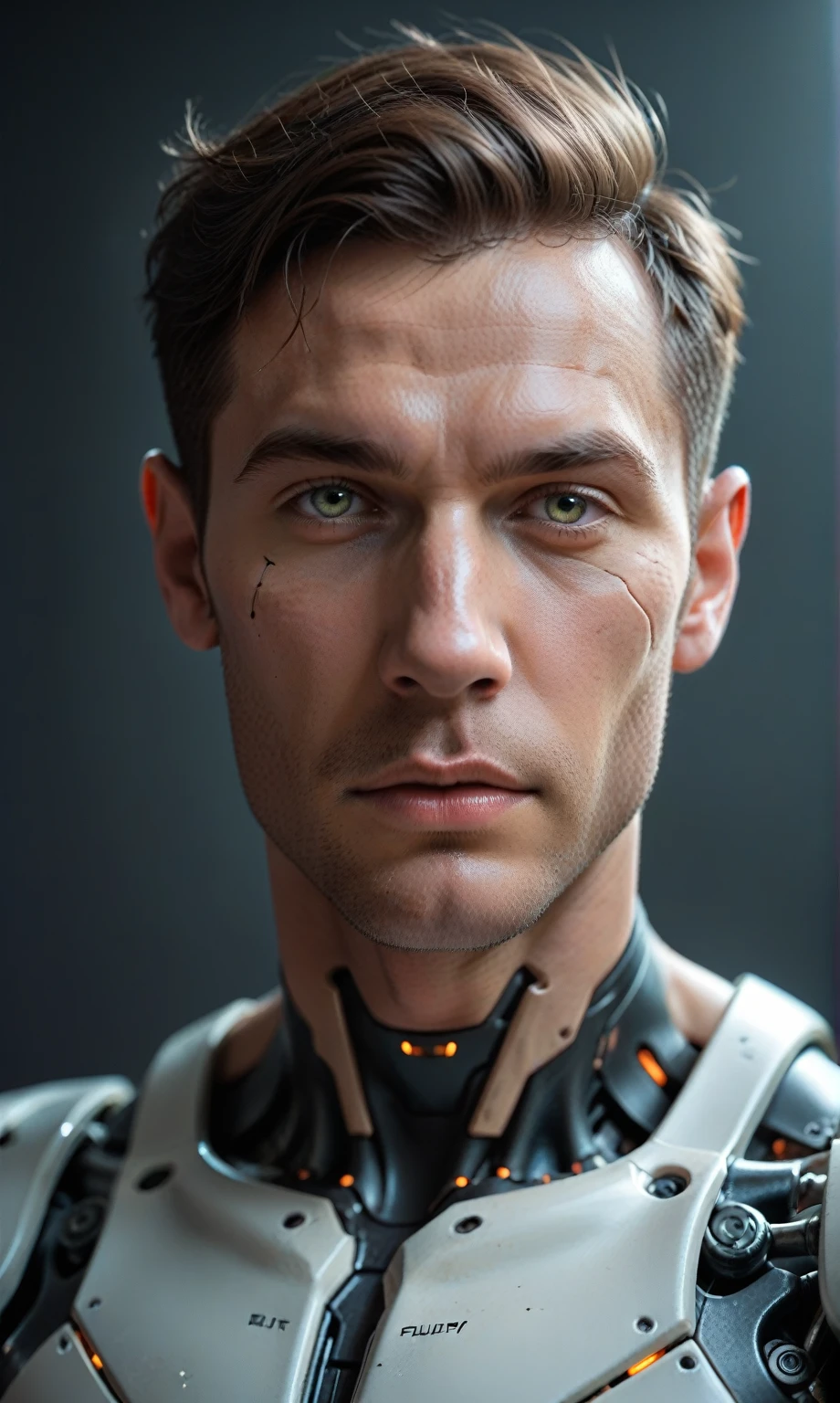 Cyberpunk photo, middle-aged man, cyborg, facial implants, muscular body, mechanical body, mechanical arms, mechanical skeleton, rusty armor, neon background, dark background, eye contact, looking at viewer, masterpiece, best quality, perfect detail  , perfect face detail, perfect eye detail, perfect skin detail, depth of field, perfect lighting