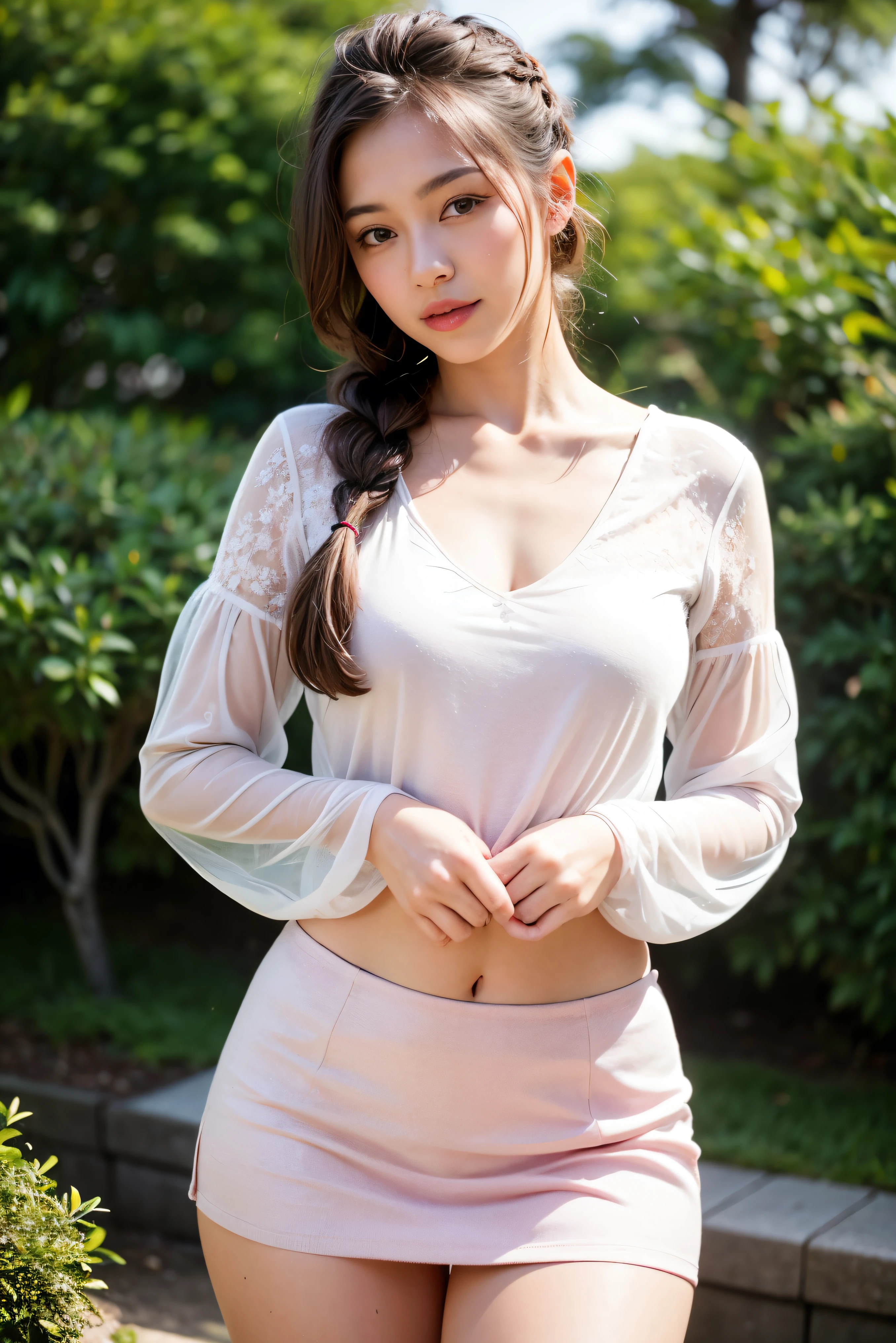At out door cafe with beautiful panorama, a young sweet beautiful Bogor city girl on wide rice field near Bogor, descent mixed from sundanese and javanese and Arabic, little breasts, straight very short thin hairs with a bangs, very very slim body, have big greek nose, tirus slim face, wide forehead, big eyes, little sexy mouth, heavy down lip, thin uper lip, charm and cute girl, her name is Dewi, very sweet horny smile, siting sensual straddeled spreading wide legs on chair at front of me in the sunny fresh sunset, need to having sex georgeus sweet face, her eyes telling me that she want to having sex with me now, slim body, twenty years old, student of agriculture university, wearing 80's style big size white long sleeve unbuttoned long sweater, wearing full unzipped down not sexy white thin see through long skirt in late 80' years era mode and style, wearing white soft cup bra under her sweater, wearing exposed
white thin see through panty under her skirt, wearing wedges shoes, very realistic, very natural, very realistic, all body from head to toes view, wind blowing so strong and blowing everything, straight bob style slim hairs with a bangs blown by the very strong wind, salak mountain as background, beautiful sunset and beautiful girl, sweet romantic moment that can't forget, wearing glasses, she is very in love to me, let's go to get hot sex,