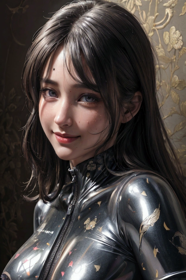 (Ultra-realistic realism), (illustratio), (A high resolution), (8k), (The is very detailed), (The best illustrations), (beatiful detailed eyes), (top-quality), (ultra - detailed), (tmasterpiece), (the wallpaper), (Detailed face), natta、upperbody closeup, A smile,plump,solo,Girl in tight rubber suit, full of sweat, Full breasts,rubbersuit