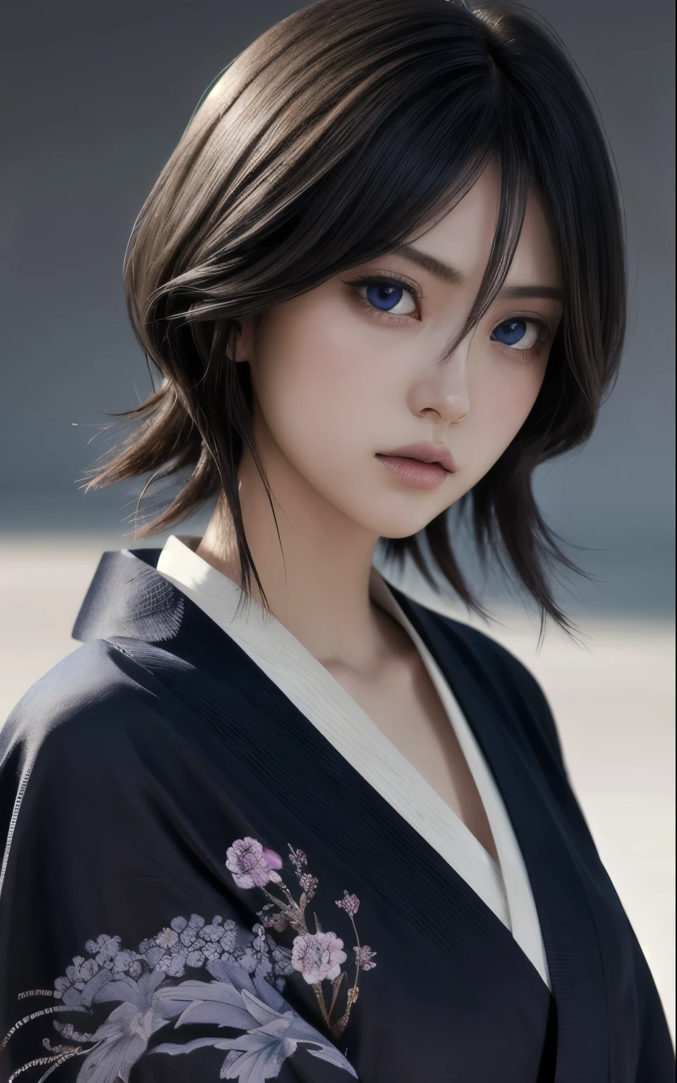 Black Hair,One girl,short hair,alone,Hair between the eyes,View Viewer,blue eyes,kimono,最high quality,masterpiece,High resolution,high quality,Black kimono,Purple eyes,Detailed ice,