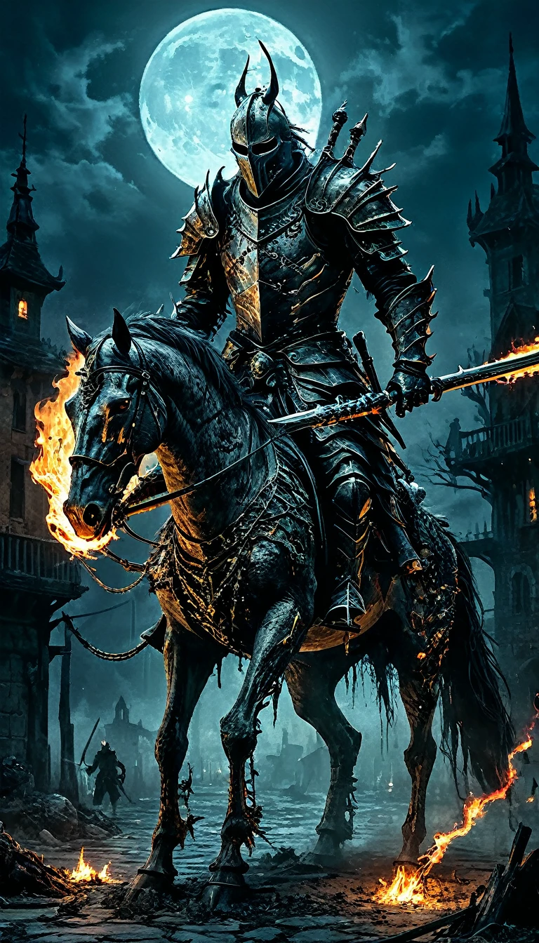 (((undead horse, no head))); Undead knight, whip and gun ((flames coming out of the neck)) exposed bones, showing the whole body, Rearing, High quality. 4k, many details. Distant view. Masterpiece, accurate, detailed background, better quality, original work. full body, dark street background, night scenery. lights Broken, Moonlight, Broken glass around, (city ruins). Anatomically correct, Dead bodies around