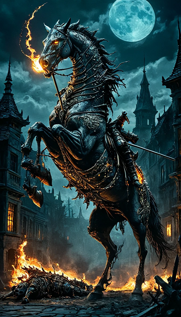 (((undead horse, no head))); Undead knight, whip and gun ((flames coming out of the neck)) exposed bones, showing the whole body, Rearing, High quality. 4k, many details. Distant view. Masterpiece, accurate, detailed background, better quality, original work. full body, dark street background, night scenery. lights Broken, Moonlight, Broken glass around, (city ruins). Anatomically correct, Dead bodies around