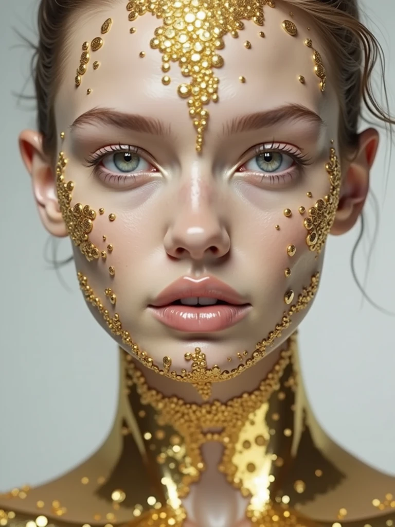 #quality(8k,wallpaper of extremely detailed CG unit, ​masterpiece,hight resolution,top-quality,top-quality real texture skin,hyper realisitic,increase the resolution,RAW photos,best qualtiy,highly detailed,the wallpaper,Golden ratio), BREAK ,solo,#1girl(face paint gold roughly:2.0,body paint gold roughly:2.0,contraposto pose,never use accessories,she is the most beautiful fashion model,perky breast,soft smile),#background(very simple,white,shade of her body),[NSFW:2.0],(bodypaint gold)